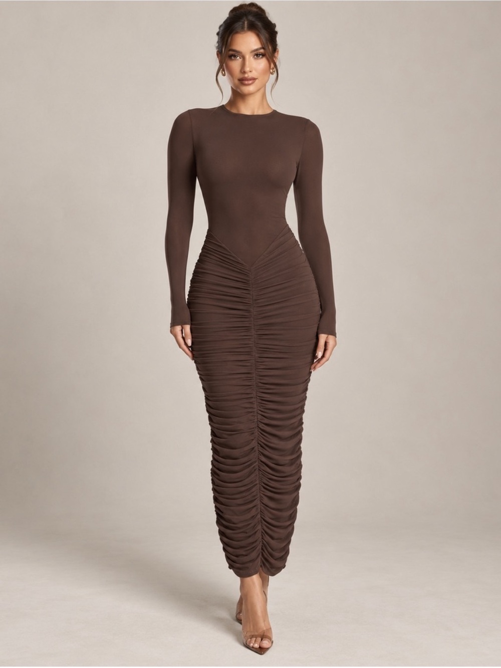 Naked wardrobe chocolate mesh Ruched Long Sleeve Maxi Dress sz medium - Picture 4 of 4